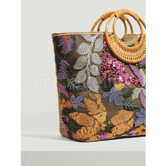 Sequined Floral Decorated Straw Tote Bag Bamboo Handle - Picture 3 of 13